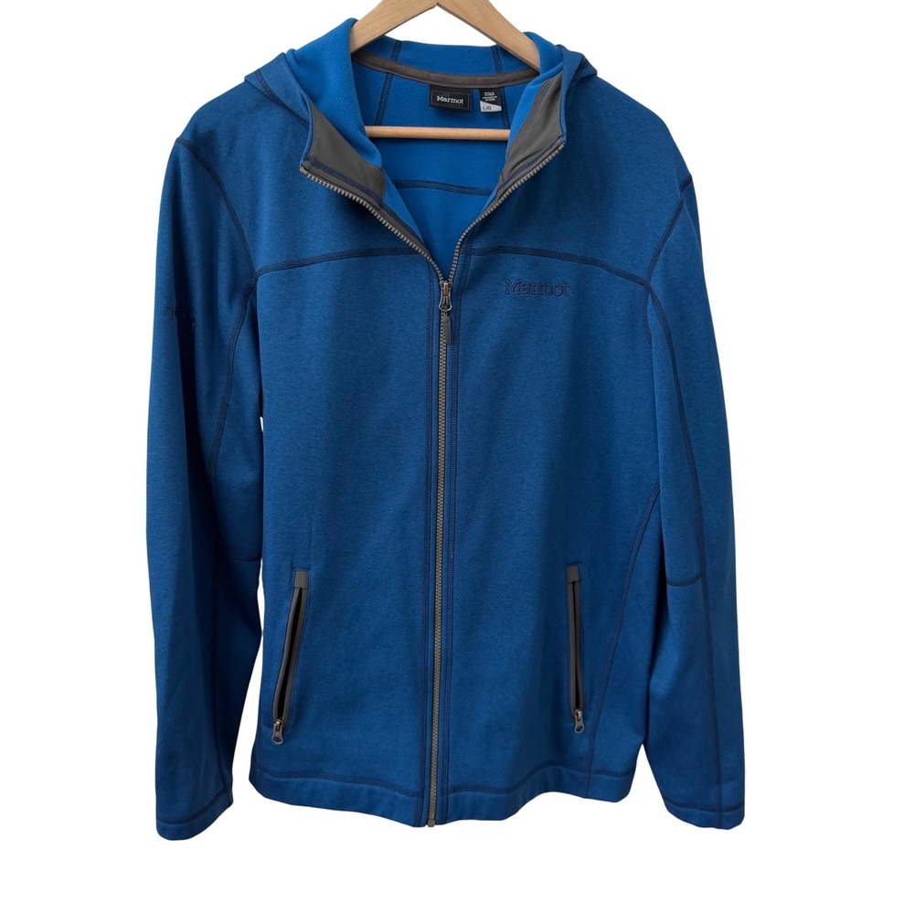 Marmot Full Zip Hoodie Large Blue Heathered Fleece Outdoor Hiking Jacket